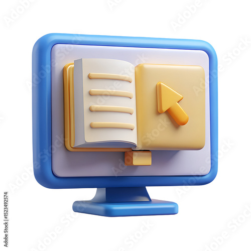 3d computer monitor showing online learning concept with open book