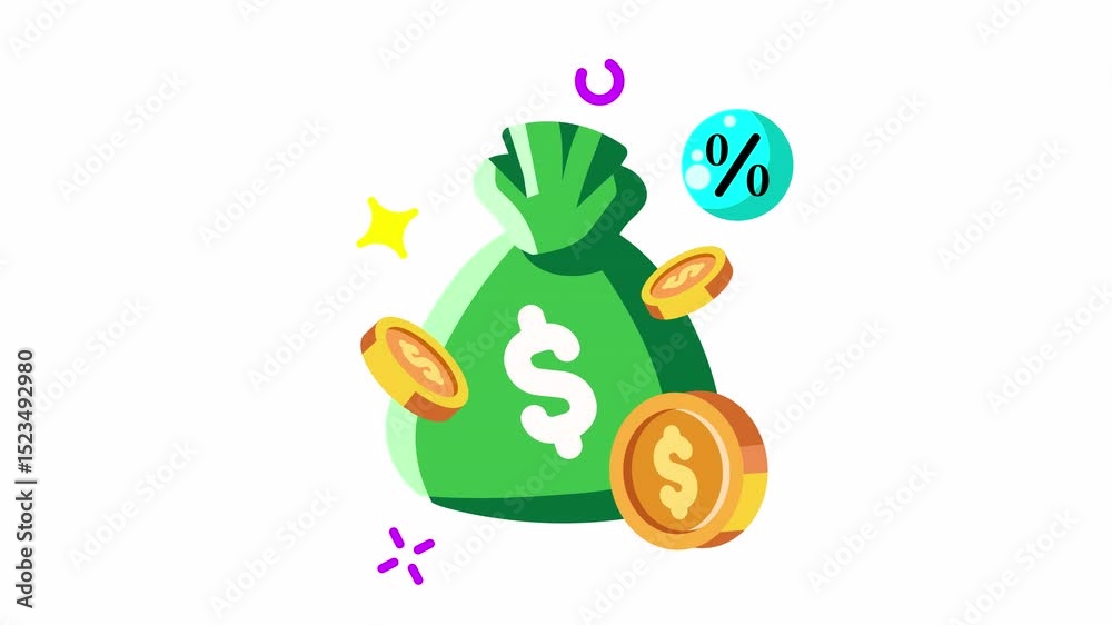 Animated Made in the uk a green money bag overflowing flat with dollar signs and gold coins.