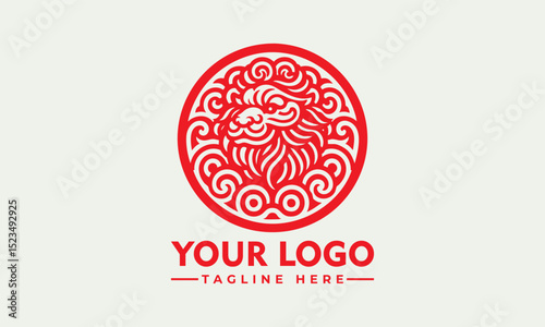 Traditional Chinese guardian lion with curled mane and paws in ornate circular frame symbolizing cultural protection. Culture concept
