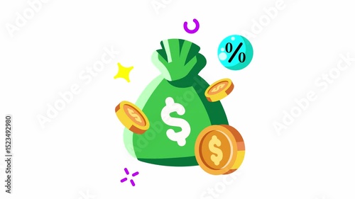 Animated Made in the uk a green money bag overflowing flat with dollar signs and gold coins.