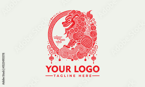 Traditional Chinese guardian lion with curled mane and paws in ornate circular frame symbolizing cultural protection. Culture concept
