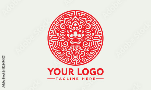 Traditional Chinese guardian lion with curled mane and paws in ornate circular frame symbolizing cultural protection. Culture concept

