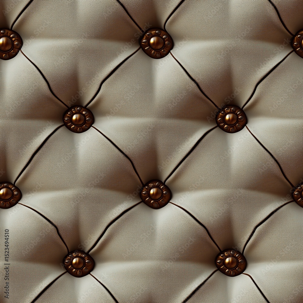 Fototapeta premium Seamless, elegant beige fabric capitone upholstery with intricate button tufting and metallic bronze accents, creating a refined texture ideal for classic backgrounds and interior designs.