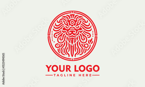 Traditional Chinese guardian lion with curled mane and paws in ornate circular frame symbolizing cultural protection. Culture concept
