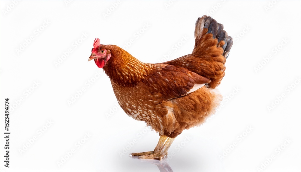 Fototapeta premium Brown Hen, Farm Animal, Poultry, White Background, Feathered, Red Comb, Chicken Breed, Domestic Bird