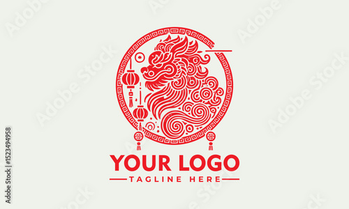Traditional Chinese guardian lion with curled mane and paws in ornate circular frame symbolizing cultural protection. Culture concept
