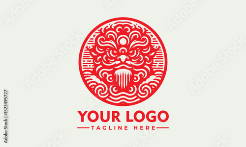 Traditional Chinese guardian lion with curled mane and paws in ornate circular frame symbolizing cultural protection. Culture concept
