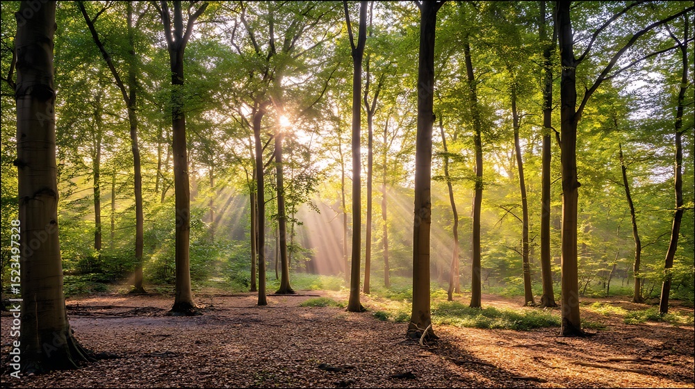 Naklejka premium Sun rays shining through forest trees