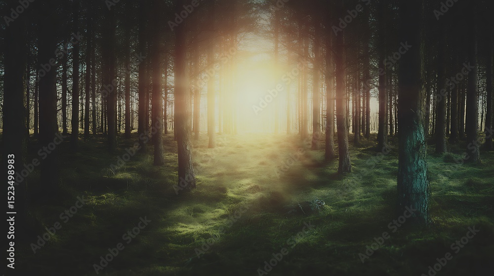 Naklejka premium Sunlight streaming through a dense forest