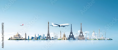 Global Landmarks With Airplane In Sky
