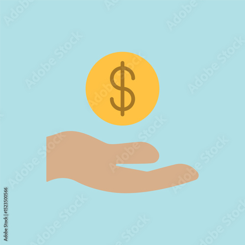 Flat icon of hand giving coin and dollar, perfect for charity, donation, NGO, and giving-related visuals.