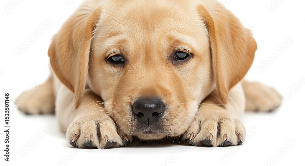 Close up shot of a golden labrador puppy lying down on a white background Close up shot of a golden labrador puppy lying down on a white background