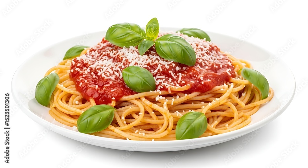 A plate of spaghetti with tomato sauce, basil leaves, and grated cheese A plate of spaghetti with tomato sauce, basil leaves, and grated cheese