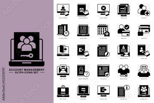 Account management glyph icons set. contain access control, add user, card info, member info and more. use for modern concept, print, UI, UX kit, web and app development. Vector EPS 10