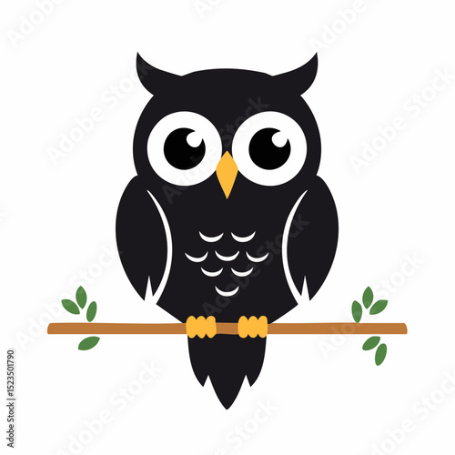 Adorable Cartoon Black Owl Perched on a Branch Illustration