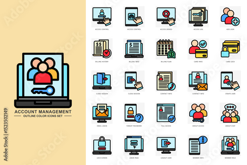 Account management outline color icons set. contain access control, add user, card info, member info and more. use for modern concept, print, UI, UX kit, web and app development. Vector EPS 10