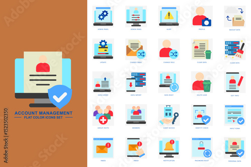 Account management flat color icons set. contain admin panel, data import, data reset, personal data and more. use for modern concept, print, UI, UX kit, web and app development. Vector EPS 10