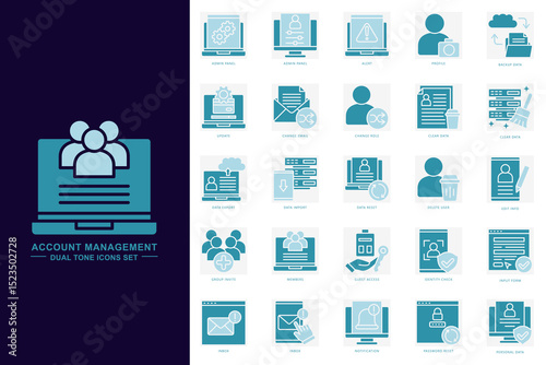 Account management dual tone color icons set. contain admin panel, data import, data reset, personal data and more. use for modern concept, print, UI, UX kit, web and app development. Vector EPS 10