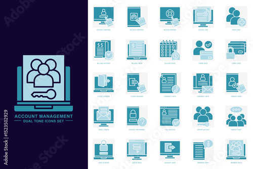 Account management dual tone icons set. contain access control, add user, card info, member info, login page and more. use for modern concept, print, UI, UX kit, web and app development. Vector EPS 10