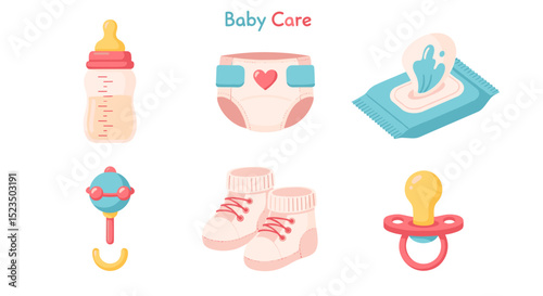 Illustration of baby care items including a bottle diaper wipes rattle socks and pacifier neatly arranged
