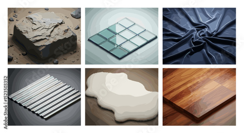 A collection of six images showing different materials including clay, glass, cloth and wood textures