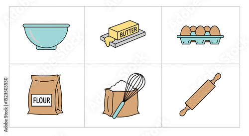 Illustration showing baking ingredients including flour eggs butter and utensils on a white background