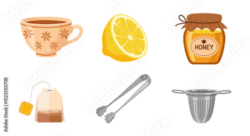 Illustration of tea cup, lemon half, honey jar, tea bag, tongs, and tea strainer on a white background