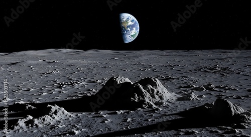 View of earth from the moon surface with craters and dark black background