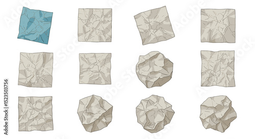 Collection of twelve crumpled paper sheets with varying shapes and orientations on a white background