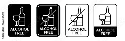 Alcohol free icon set. No alcohol logo. Zero percent alcohol symbol. Alcohol free label product packaging design. Vector illustration.