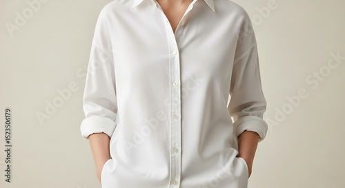 A person wearing a white button down shirt with hands in the pockets posing