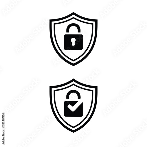 Padlock Emblem with Check Mark and Keyhole, Data Protection Badge Symbols for Cyber Security and Privacy Design Elements in Black Vector Silhouette