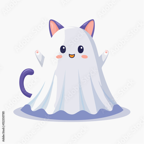 Sweet ghost in a cat costume, great for children’s Halloween materials and playful spooky decor