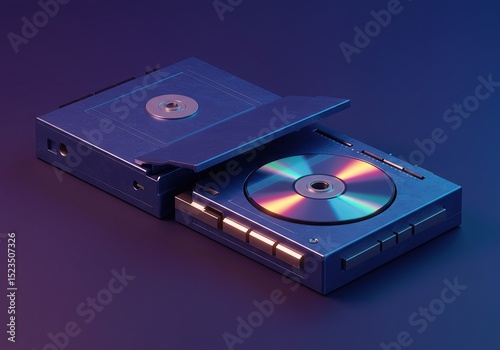 Low-poly model of a portable CD player with a partially open tray, showcasing a colorful CD.  Rendered in a dark, moody setting with vibrant purple and blue lighting. photo