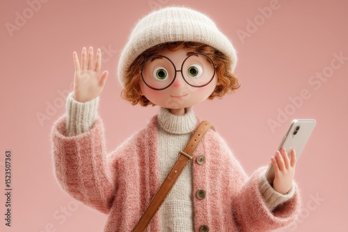Friendly Digital Assistant Character Waving at Viewer in Warm Pink Background