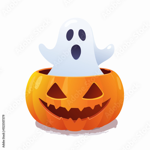 A charming ghost hiding in a jack-o’-lantern, great for festive Halloween scenes or cute spooky art