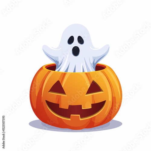 A charming ghost hiding in a jack-o’-lantern, great for festive Halloween scenes or cute spooky art