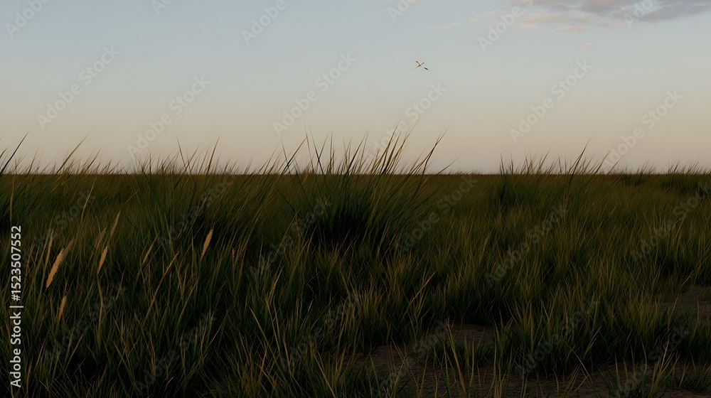 Fototapeta premium Grassland under soft sky with single bird