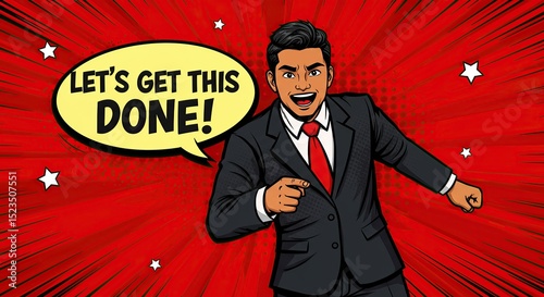 Motivated businessman in a pop art style illustration, wearing a suit and red tie, against a red background with radiating lines and speech bubble.