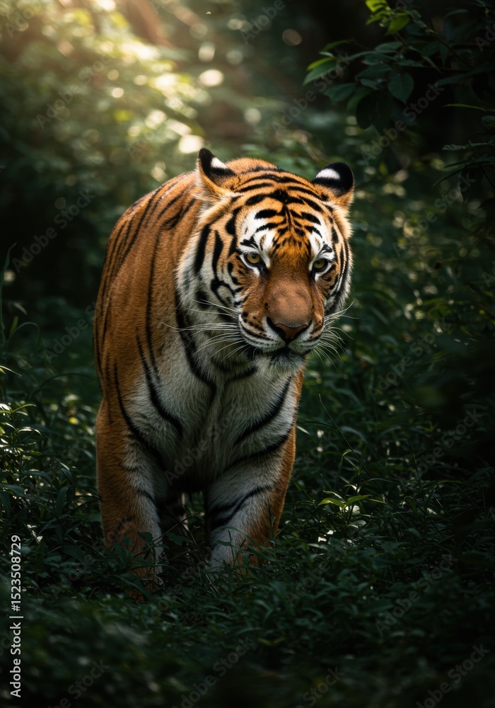 Naklejka premium Majestic tiger in sunlit forest celebrating international tiger day