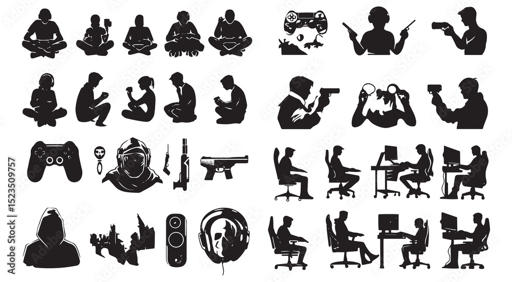 Fototapeta premium Gamer silhouettes diverse gaming activities esports