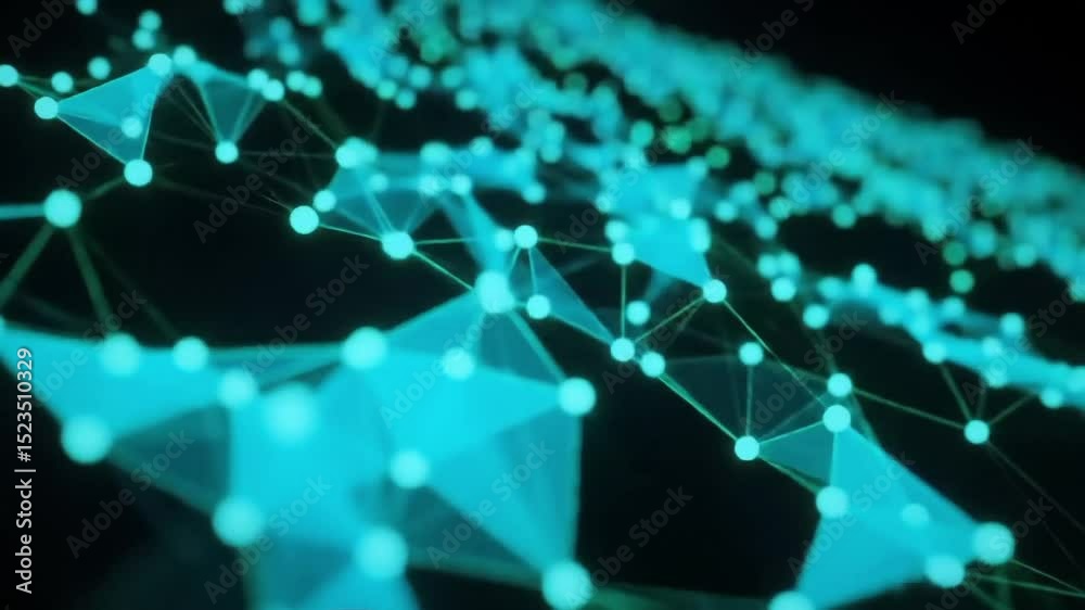 A vibrant digital illustration depicting a complex network or a technological grid. It features interconnected nodes and lines, some of which are hexagons containing various abstract icons like a glob