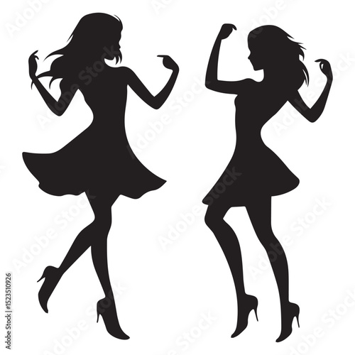 Two silhouettes of women dancing in dresses