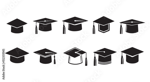 Graduation caps icons set black silhouettes