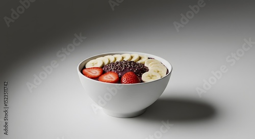 Photography of açaí in a white bowl with sliced banana and strawberry, soft lighting and monochromatic background to emphasize the purity and naturalness of the dish