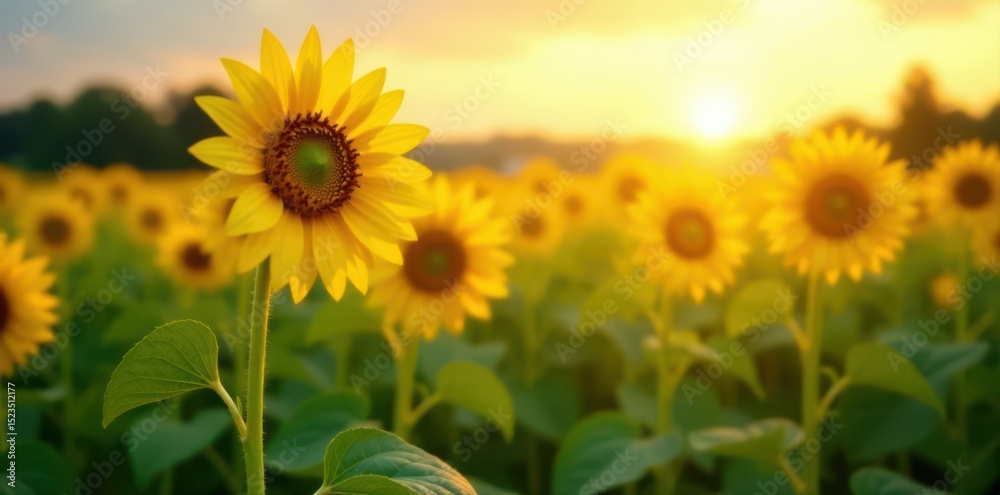 Obraz premium Single sunflower facing sun, tall stem, green leaves, vibrant, bloom