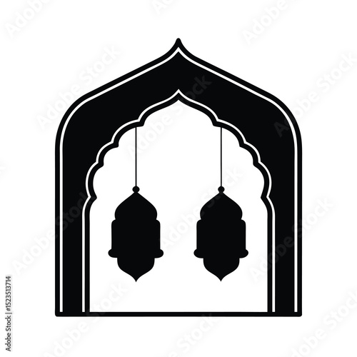 Islamic Archway with Hanging Lanterns Black Silhouette