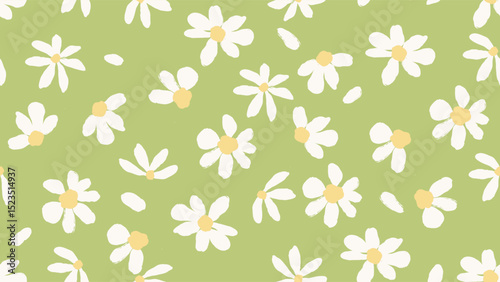 Floral seamless pattern features white daisies on a solid green background. The flowers have a painterly, slightly abstract quality
