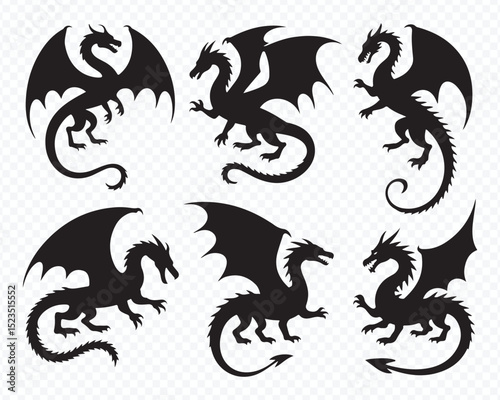 Set of black dragon silhouettes with wings Vector