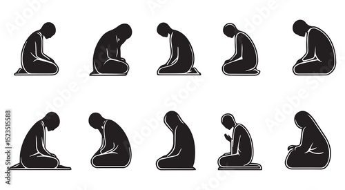 Muslim man praying in different positions silhouettes
